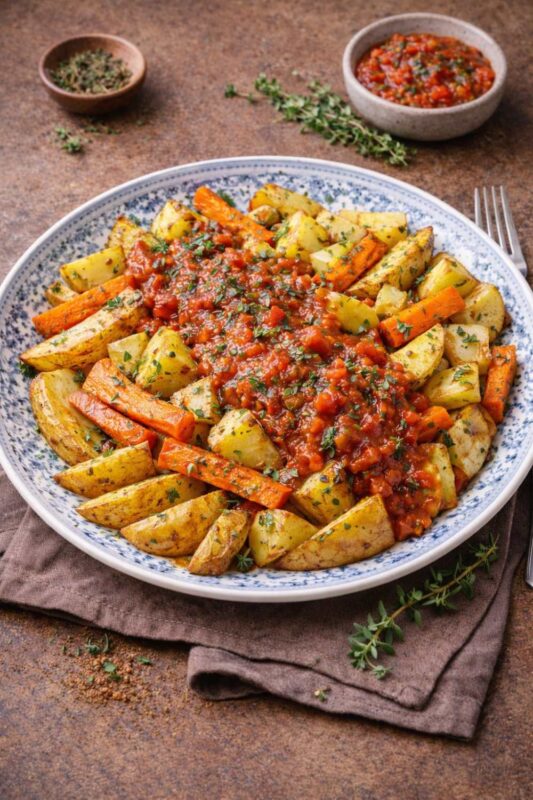 Ofenkartoffeln mit Gemüse und Thymian-Tomatensauce