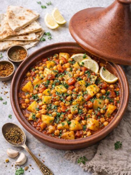 Kartoffel-Tajine mit Kichererbsen und Zitronensauce
