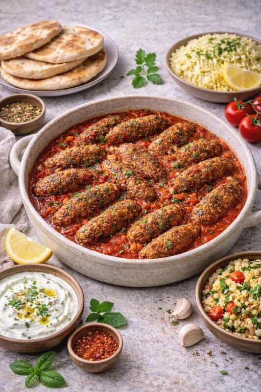 Vegetarische Köfte Aus Bulgur und Gemüse in würziger Tomatensauce