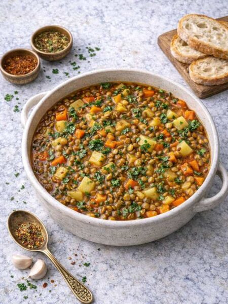 Linseneintopf mit Gemüse und orientalischen Gewürzen