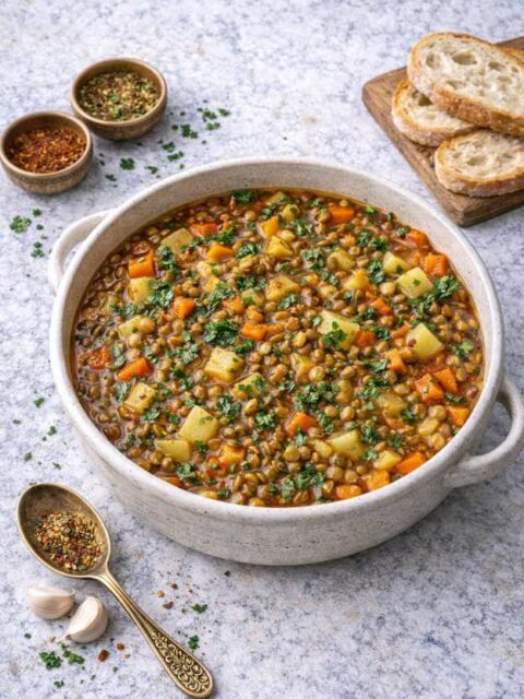 Linseneintopf mit Gemüse und orientalischen Gewürzen