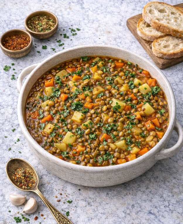 Linseneintopf mit Gemüse und orientalischen Gewürzen