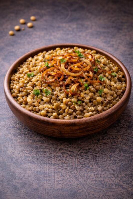 Linsen mit Bulgur und karamellisierten Zwiebeln – Mujadara