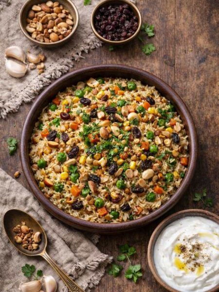 Reis mit Gemüse, Nüssen und Rosinen – Ouzi