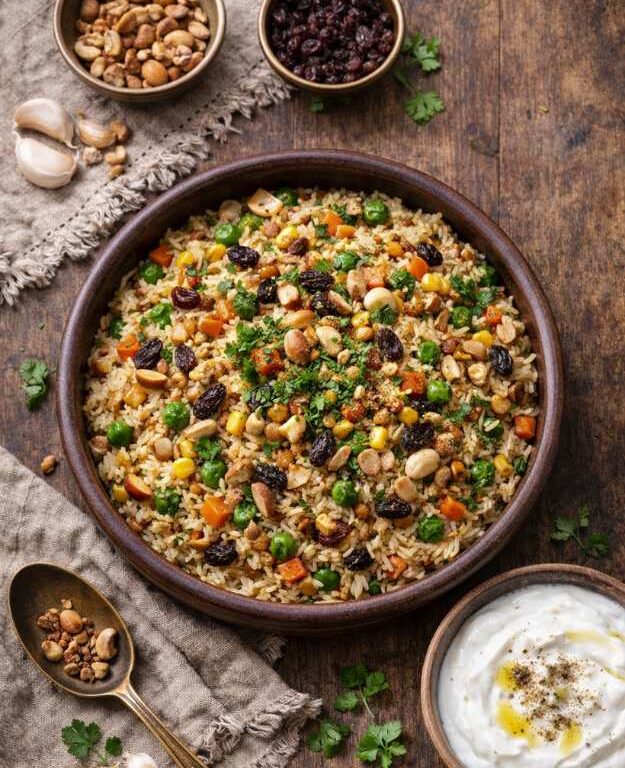 Reis mit Gemüse, Nüssen und Rosinen – Ouzi