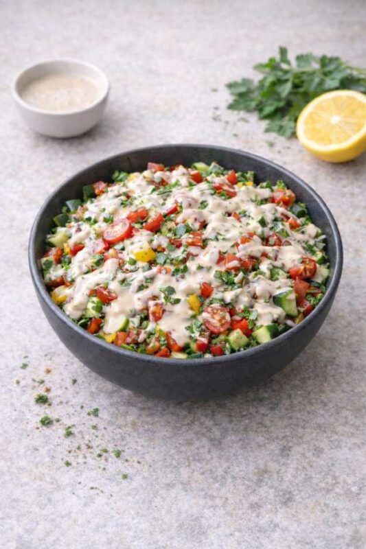 Gemischter Salat mit Tahini-Dressing – Cremig, frisch & gesund