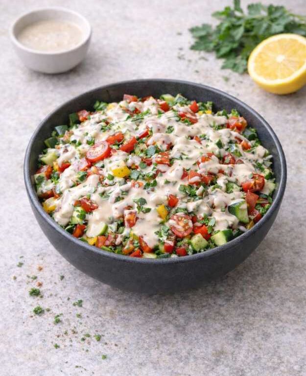 Gemischter Salat mit Tahini-Dressing – Cremig, frisch & gesund
