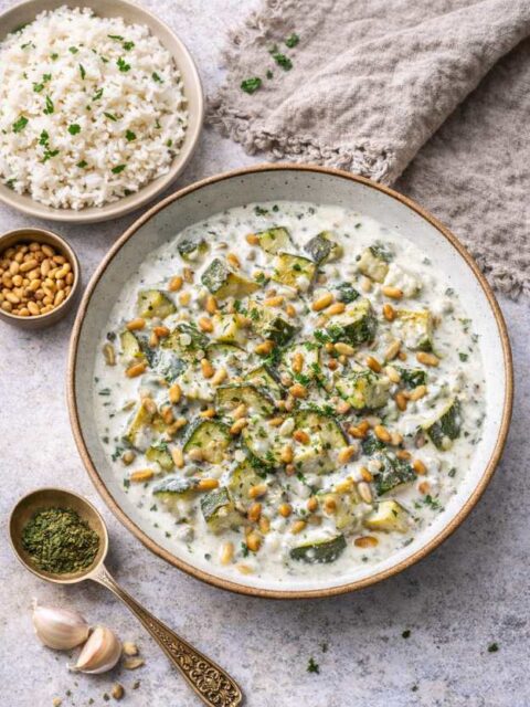 Zucchini-Eitopf mit Joghurt-Minz-Sauce