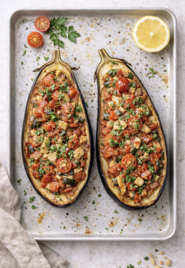 Gefüllte Auberginen mit Tomaten – einfach & mediterran
