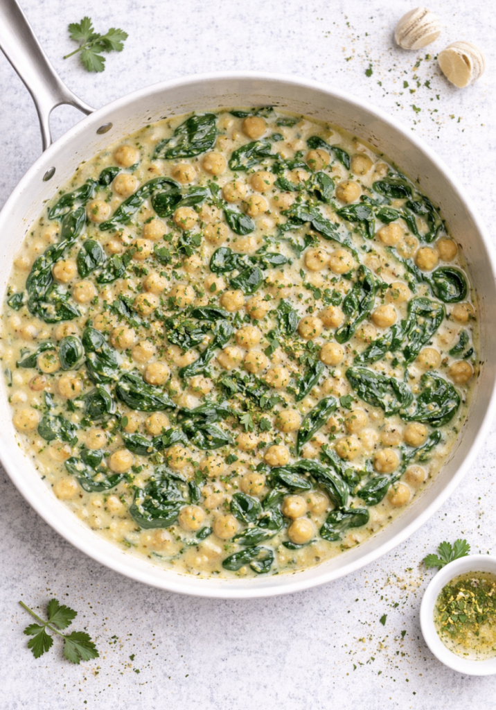 Kichererbsen mit Spinat in cremiger veganer Sahnesauce