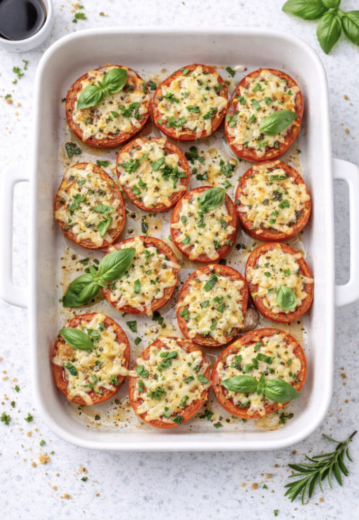 Überbackene Tomaten mit veganem Käse – einfach, mediterran & aus dem Ofen