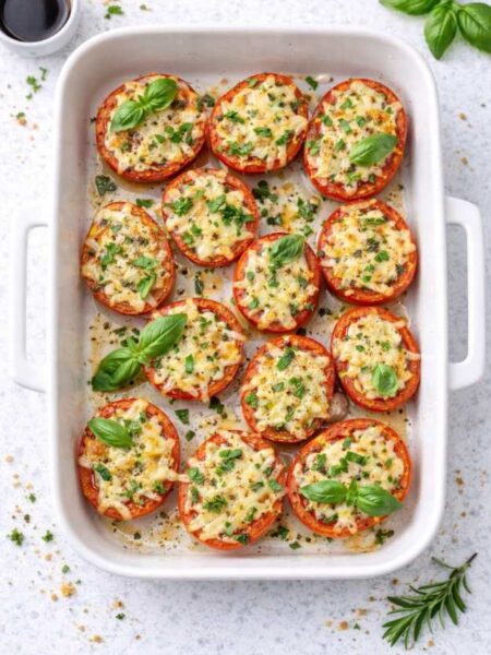 Überbackene Tomaten mit veganem Käse – einfach, mediterran & aus dem Ofen