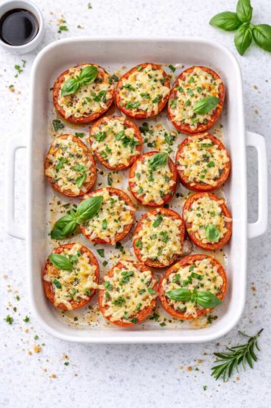 Überbackene Tomaten mit veganem Käse – einfach, mediterran & aus dem Ofen