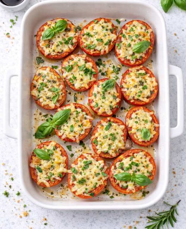 Überbackene Tomaten mit veganem Käse – einfach, mediterran & aus dem Ofen