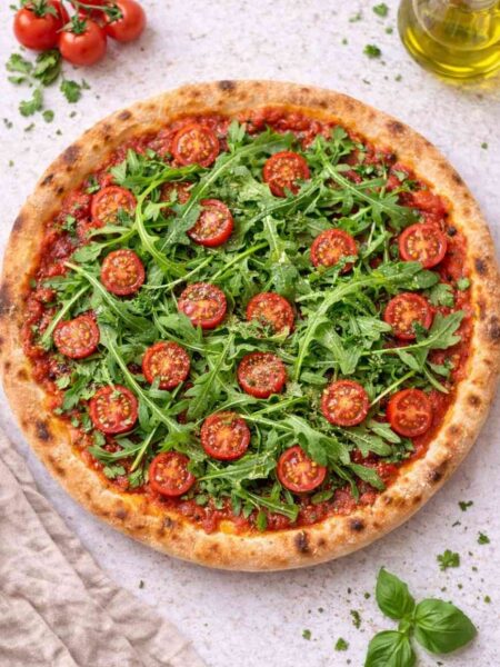 Pizza mit Rucola und Tomaten – frisch, knusprig & mediterran