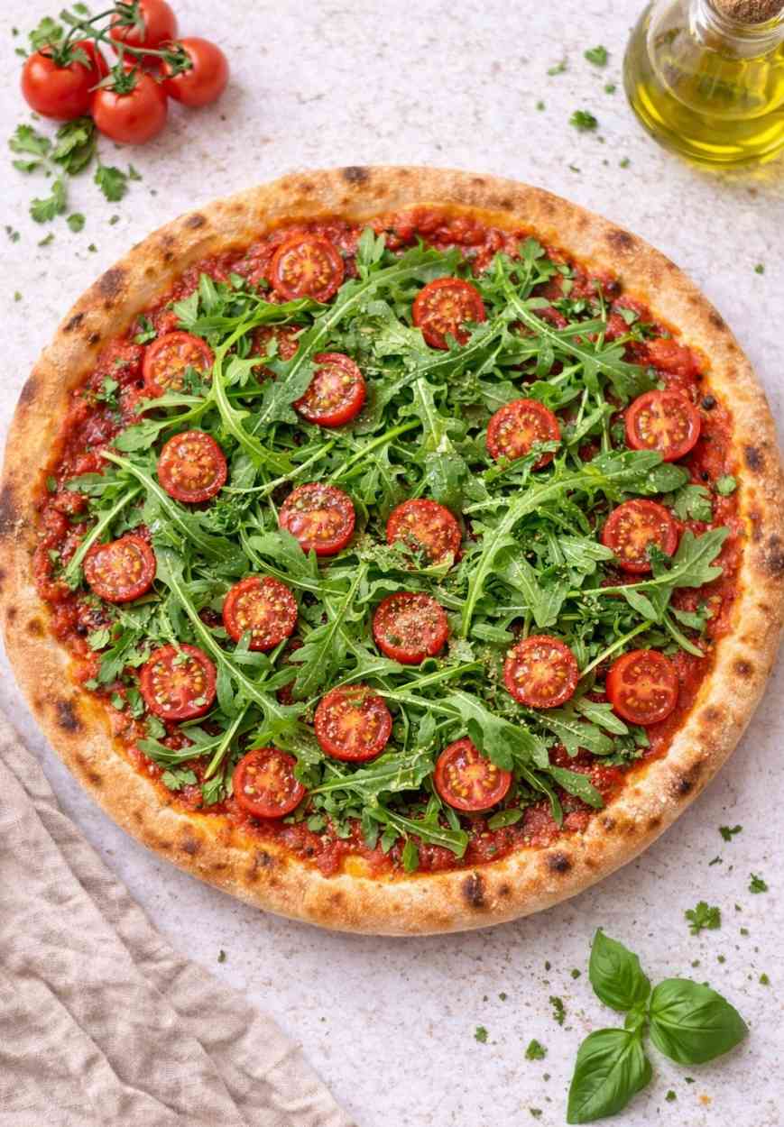 Pizza mit Rucola und Tomaten – frisch, knusprig & mediterran