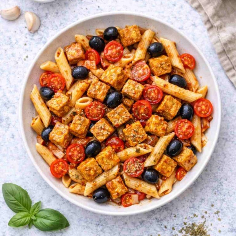 Mediterrane Pasta mit gebratenem Tofu, Oliven und Tomaten – Einfaches Rezept