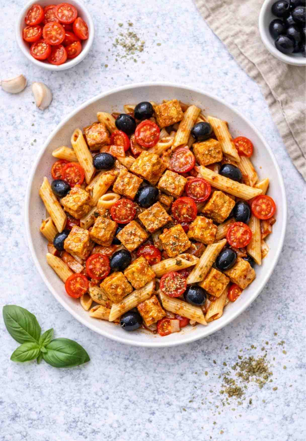 Mediterrane Pasta mit gebratenem Tofu, Oliven und Tomaten – Einfaches Rezept