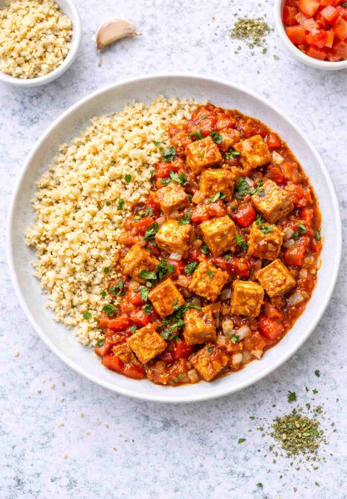 Gebratener Tofu mit Bulgur und Tomatensoße