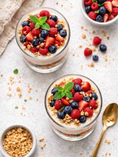 Veganes Beeren-Dessert im Glas mit Vanillecreme