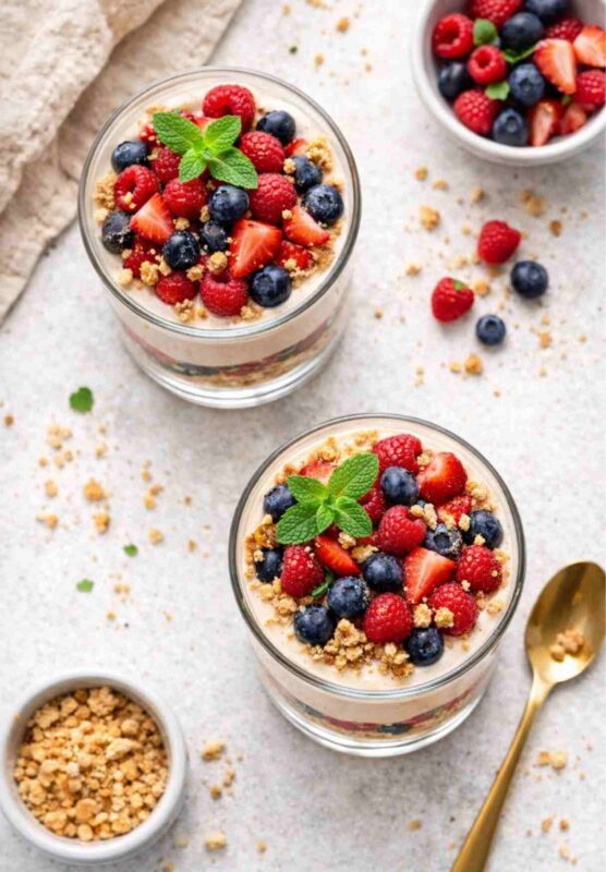 Veganes Beeren-Dessert im Glas mit Vanillecreme