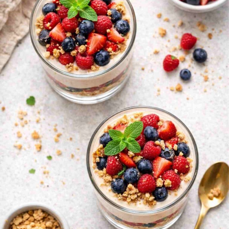 Veganes Beeren-Dessert im Glas mit Vanillecreme