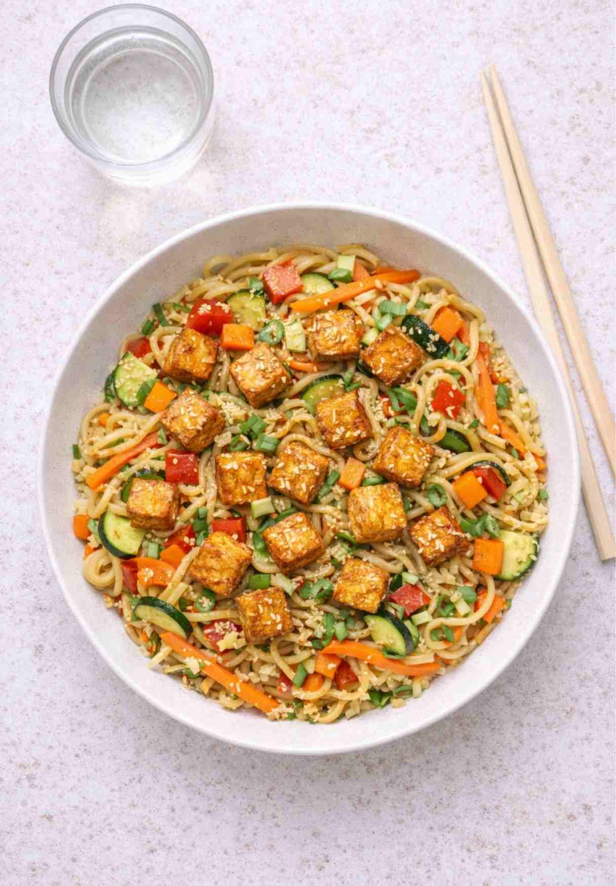Gemüse-Nudeln mit knusprigem Tofu – Einfaches Rezept in 22 Minuten