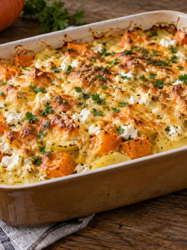 Kürbis-Kartoffel-Auflauf mit Feta – cremig und einfach