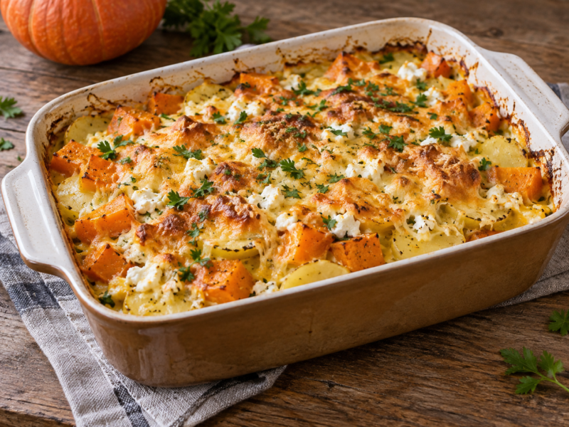 Kürbis-Kartoffel-Auflauf mit Feta – cremig und einfach