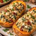Gefüllter Butternut-Kürbis mit cremigem Orzo, Spinat und Feta