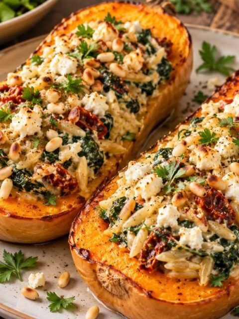 Gefüllter Butternut-Kürbis mit cremigem Orzo, Spinat und Feta