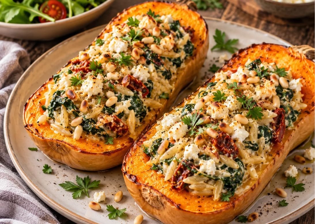 Gefüllter Butternut-Kürbis mit cremigem Orzo, Spinat und Feta