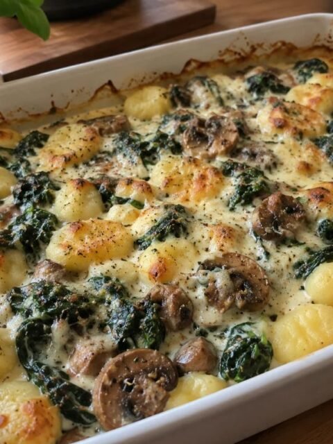 Cremiger Gnocchi-Auflauf mit Spinat und Champignons