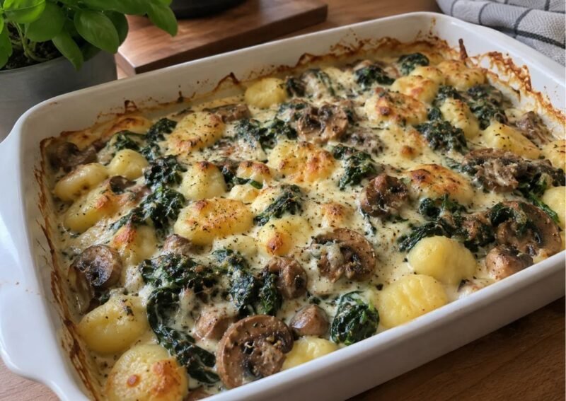 Cremiger Gnocchi-Auflauf mit Spinat und Champignons