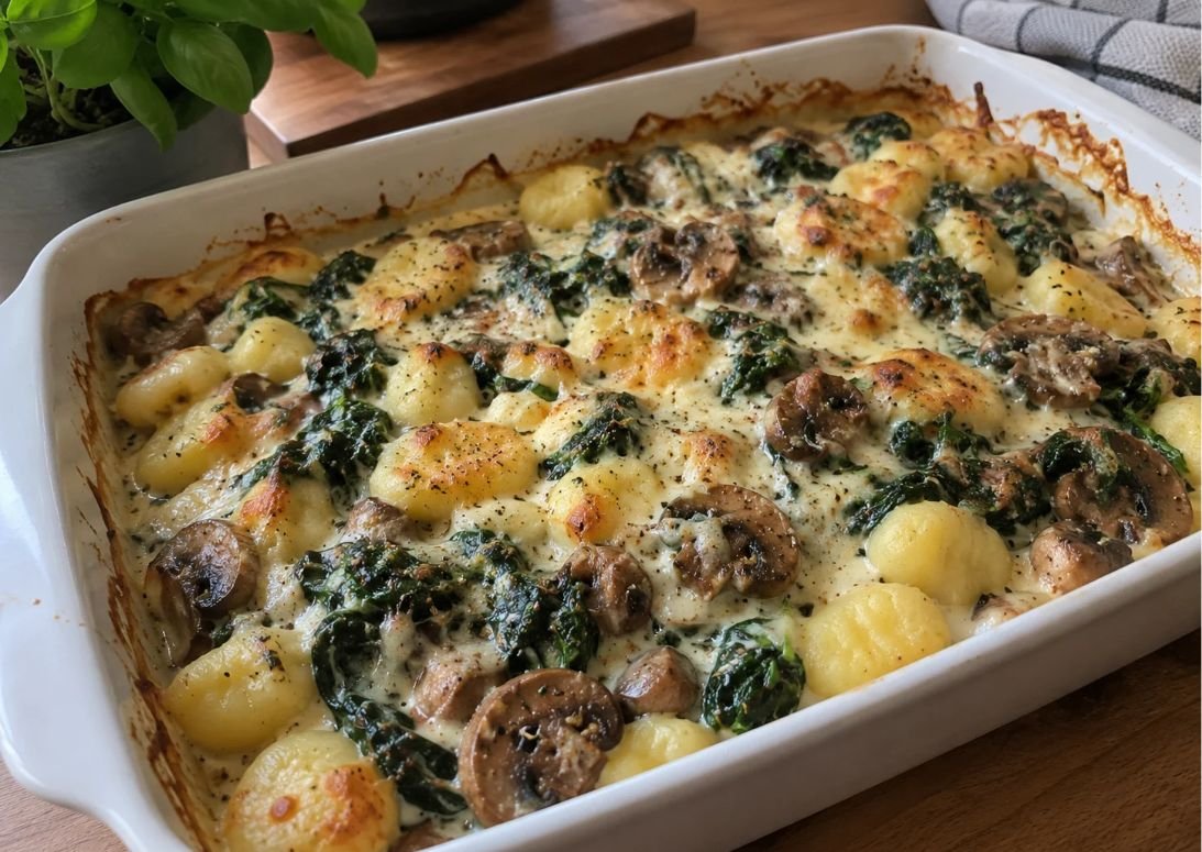 Cremiger Gnocchi-Auflauf mit Spinat und Champignons