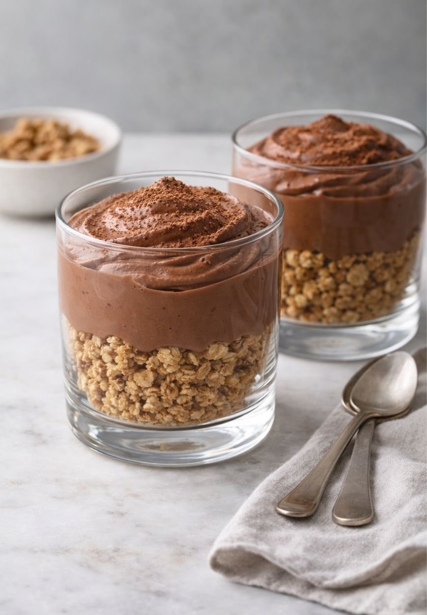 Veganes Schoko-Dessert im Glas mit Granola – einfach und cremig