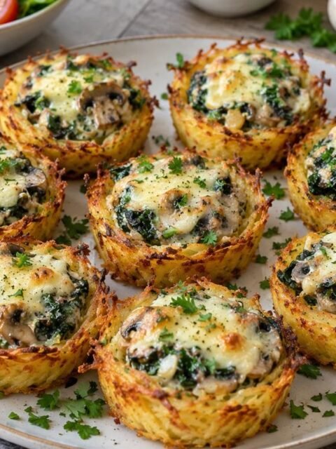 Knusprige Kartoffelnester mit cremiger Spinat-Pilz-Füllung
