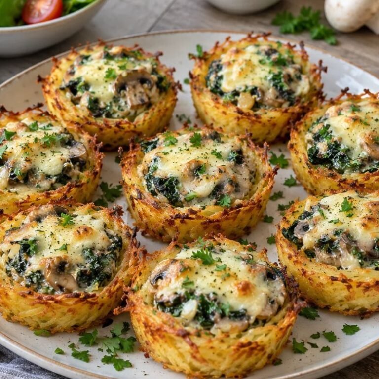 Knusprige Kartoffelnester mit cremiger Spinat-Pilz-Füllung