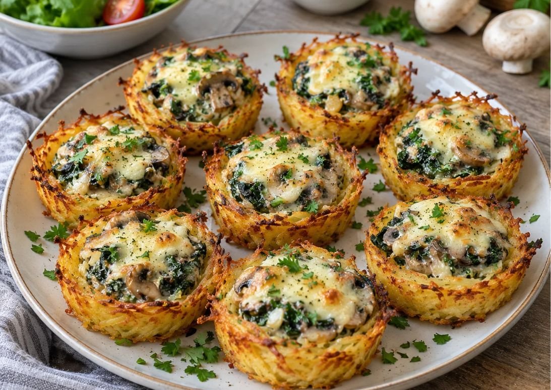 Knusprige Kartoffelnester mit cremiger Spinat-Pilz-Füllung