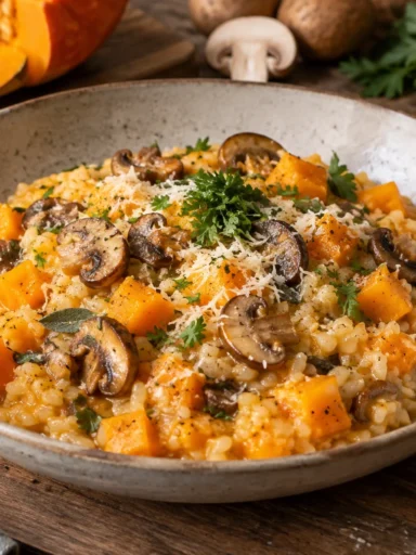 Cremiges Kürbis-Risotto mit Champignons – einfach & herbstlich