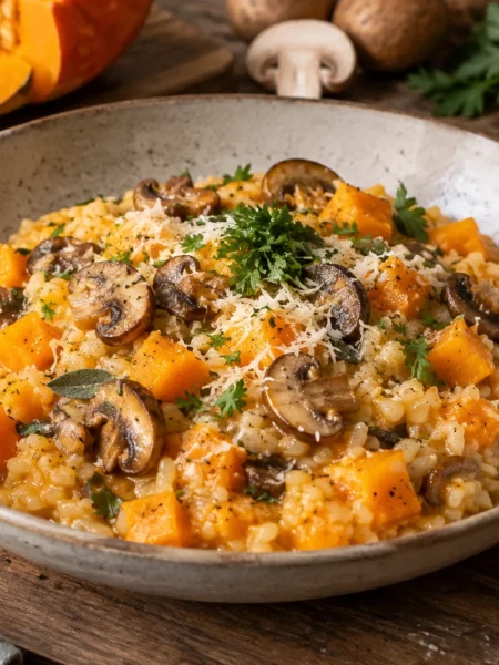 Cremiges Kürbis-Risotto mit Champignons – einfach & herbstlich