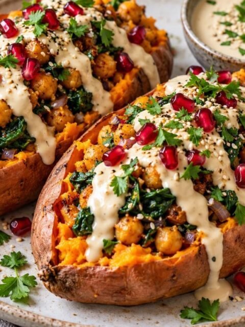 Gefüllte Süßkartoffeln mit Kichererbsen und Tahini-Sauce – einfach & vegan