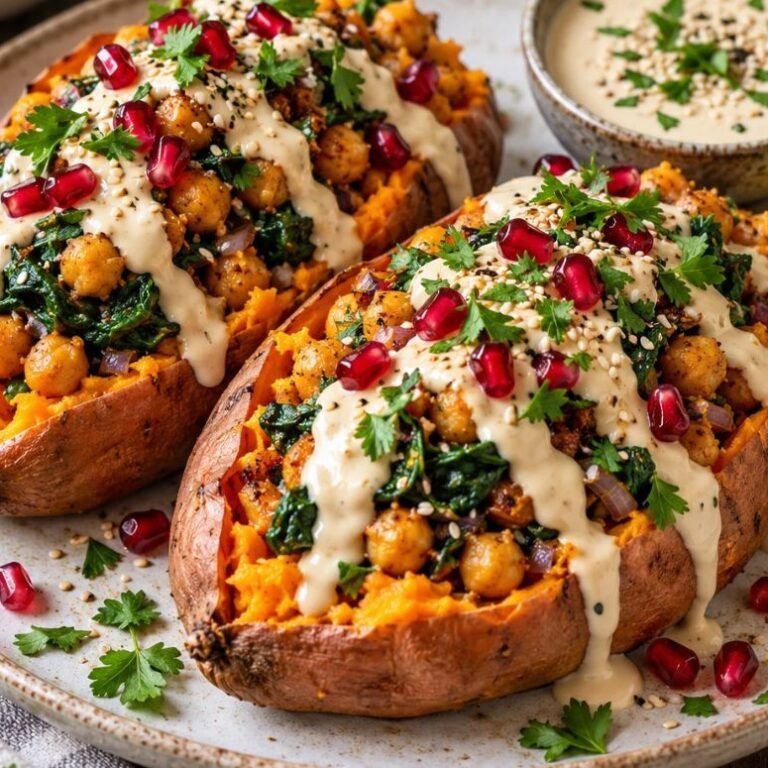 Gefüllte Süßkartoffeln mit Kichererbsen und Tahini-Sauce – einfach & vegan