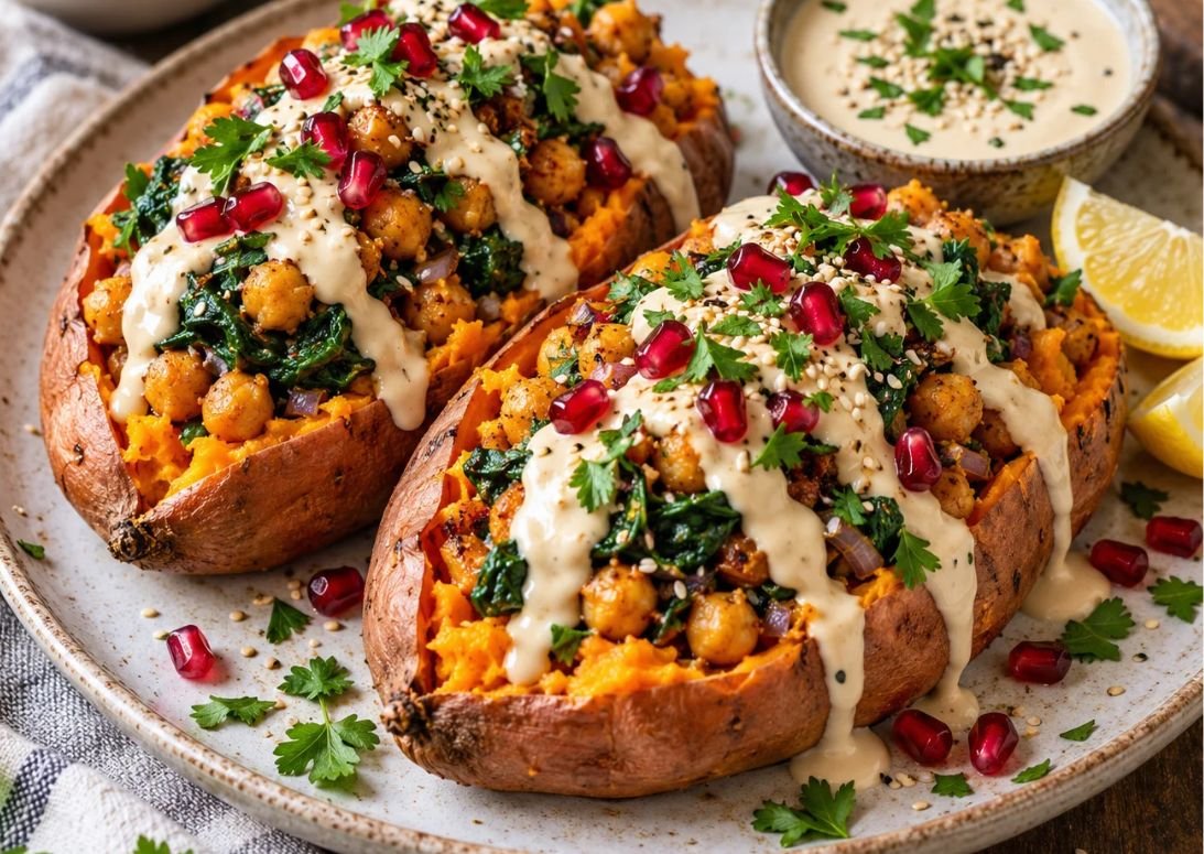 Gefüllte Süßkartoffeln mit Kichererbsen und Tahini-Sauce – einfach & vegan